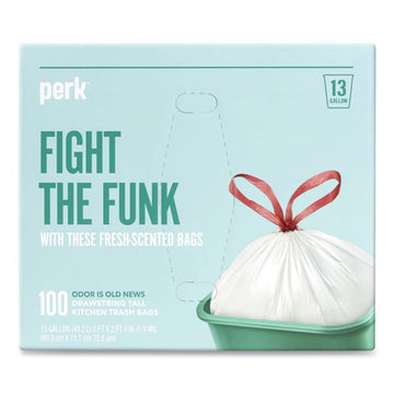 Perk™ Scented Drawstring Tall Kitchen Trash Bags, 13 Gal, 0.9 Mil, 28" X 24", White, 100-box freeshipping - TVN Wholesale